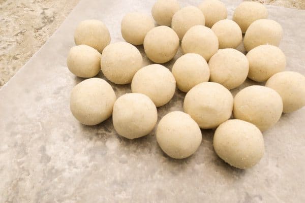 Corn flour balls for Chilapitas Mixtos on wax paper