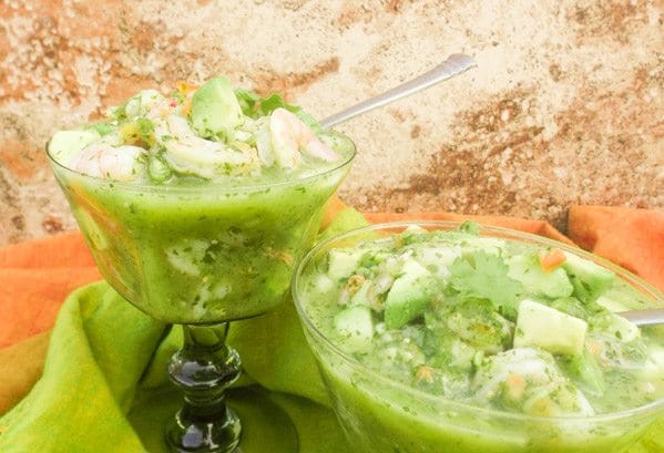 Excellent Ceviche Verde-Green Ceviche!  Made with shrimp, fresh tomatillos, habanero peppers, serrano peppers, scallions, garlic, cilantro, avocado and fresh lime juice. and served in beautiful clear glasses.