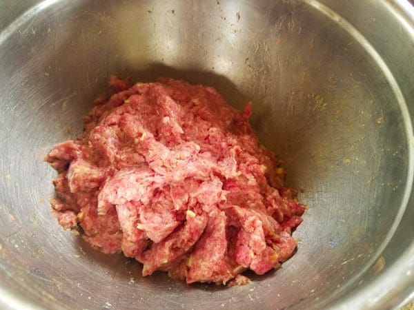 Ground meat in bowl for Albondigas en Salsa de Chipotle