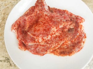 Pork chops seasoned with garlic powder, salt, pepper and paprika on a white plate.