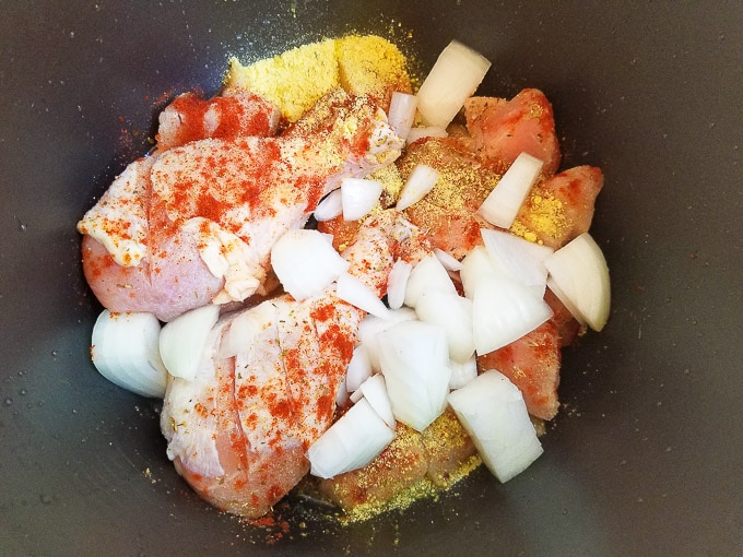 Chicken and spices in the instant pot.
