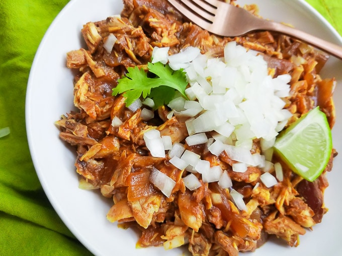 Instant Pot BBQ Chicken served in a white bowl, topped with chopped white onions.