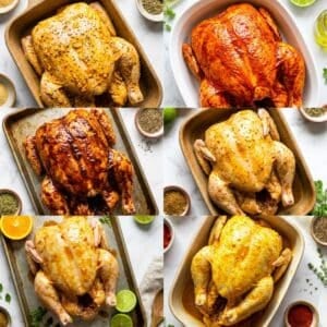 An image collage of 6 pollo asado marinades.