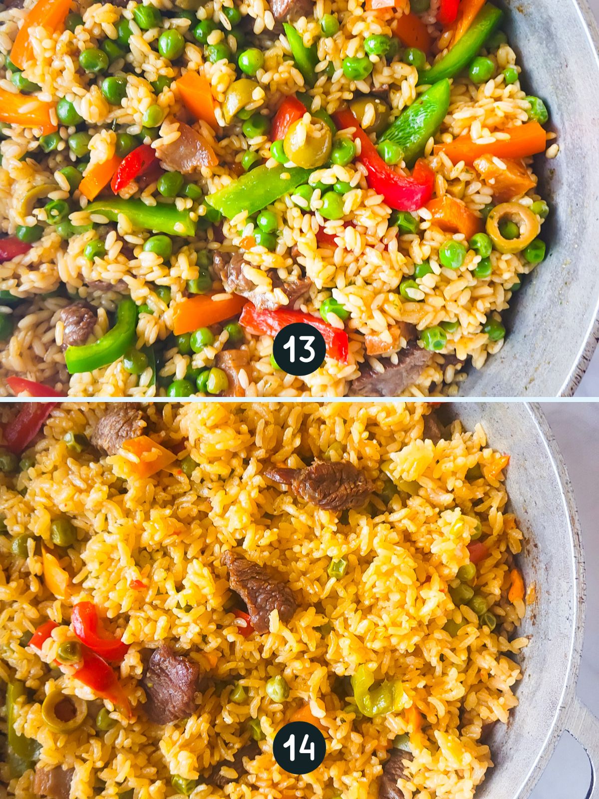 A collage of images showing steps 13-14 of arroz con carne recipe.