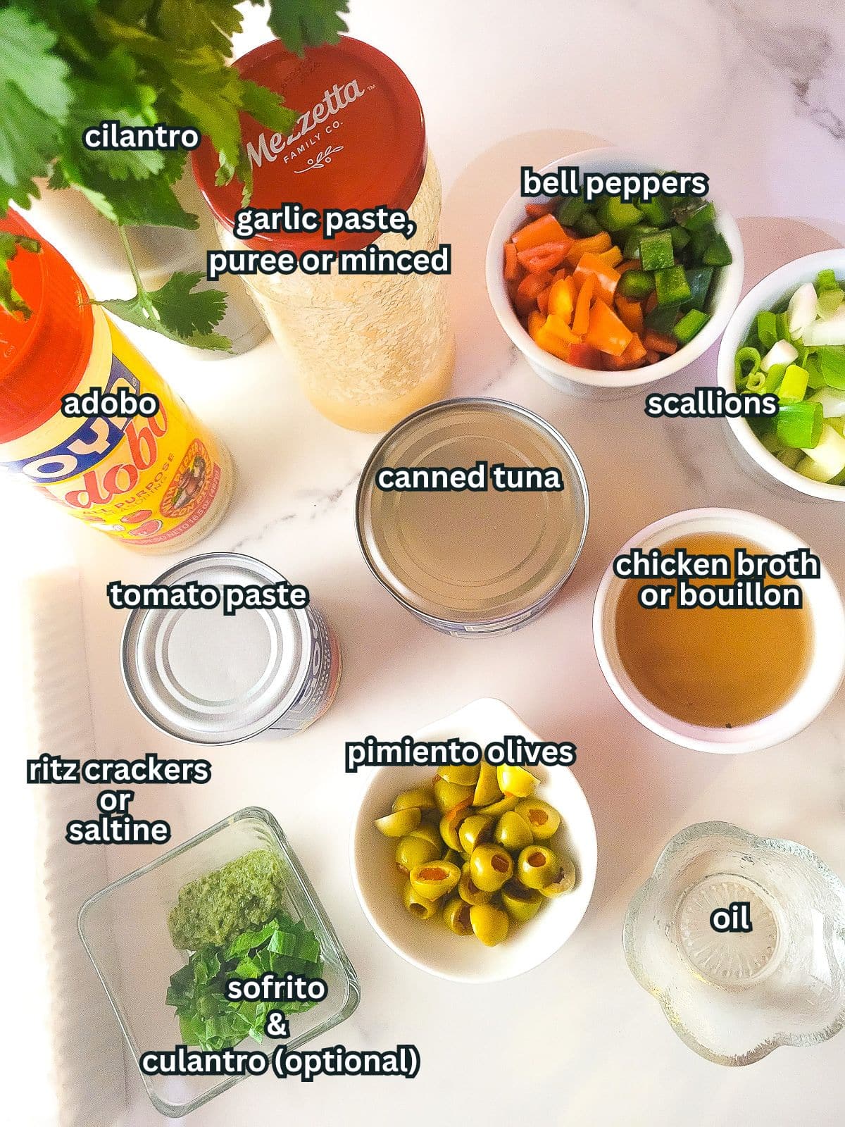 Ingredients needed to make this antipasto tuna dip.