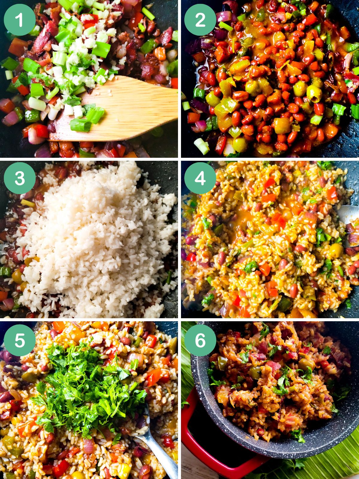 An image collage showing how to make arroz mamposteao.