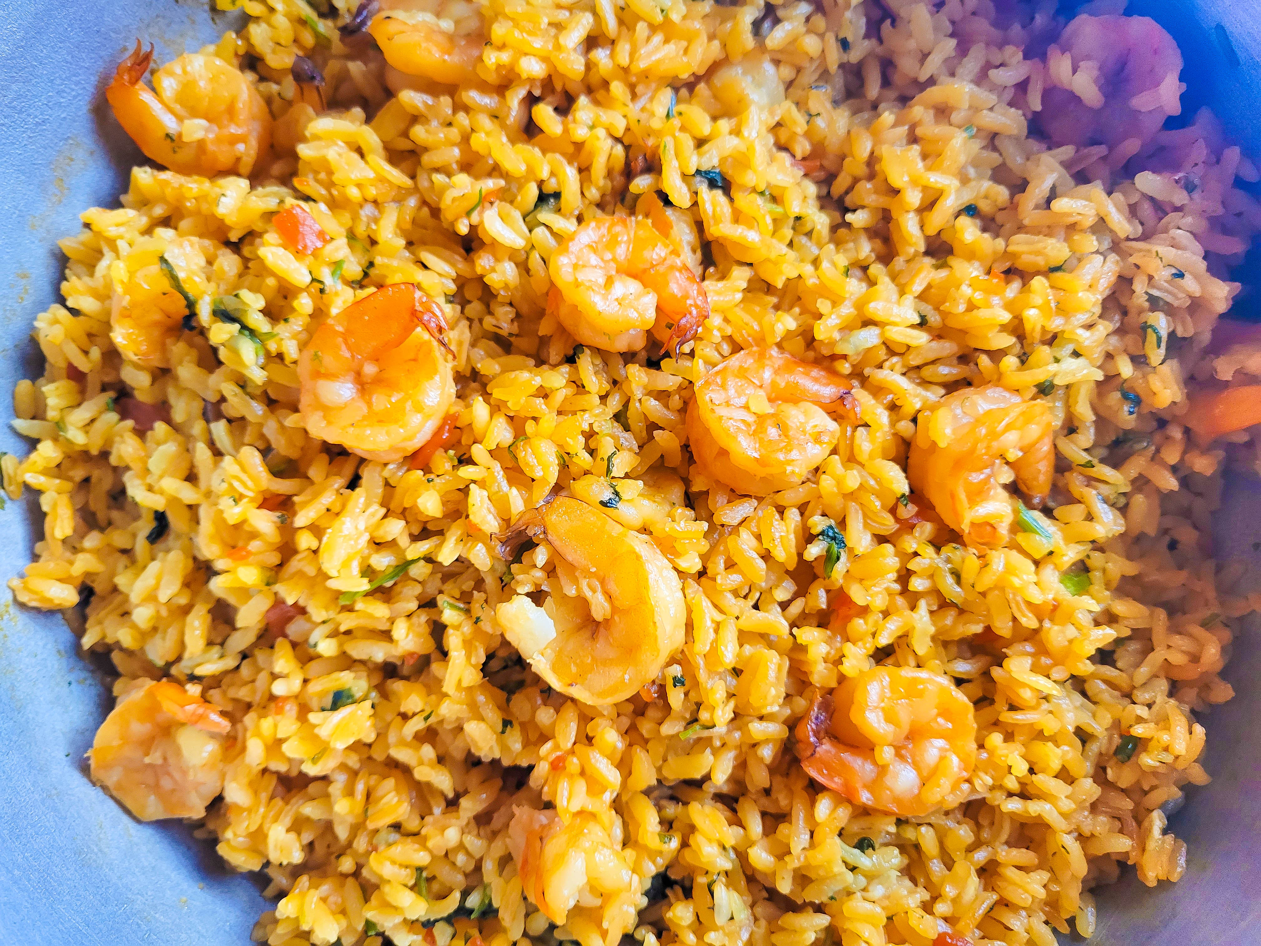 Arroz con Camarones Puertorriqueno fully cooked and ready to eat.
