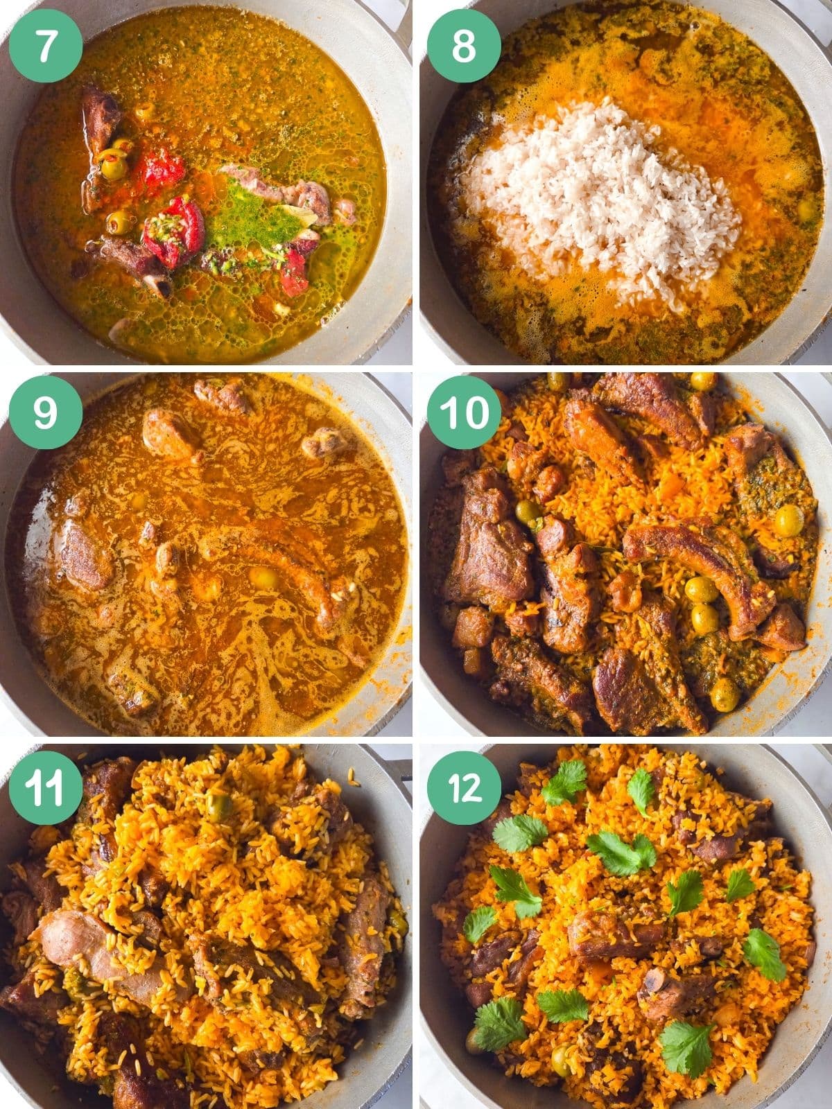 An image collage of how to make the Puerto Rican arroz con costillas (rice and ribs).