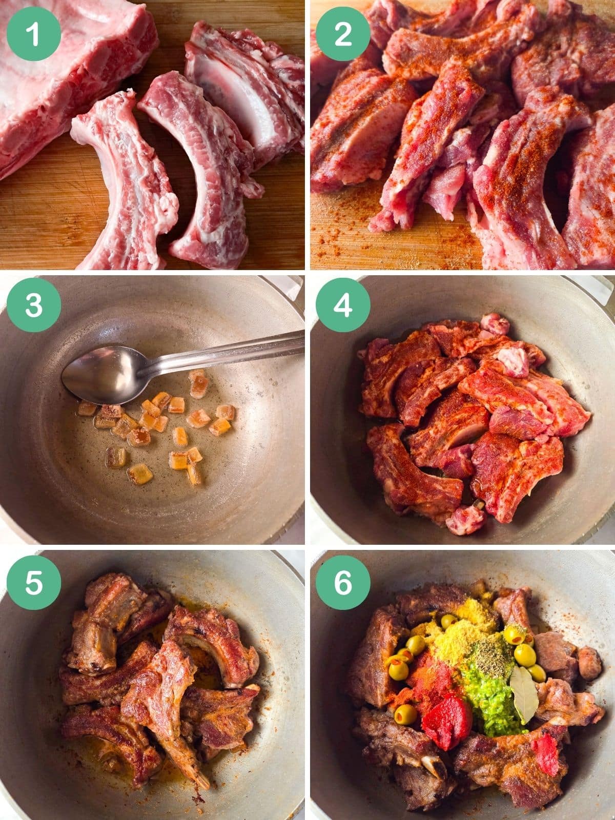 An image collage of how to make the Puerto Rican arroz con costillas (rice and ribs).