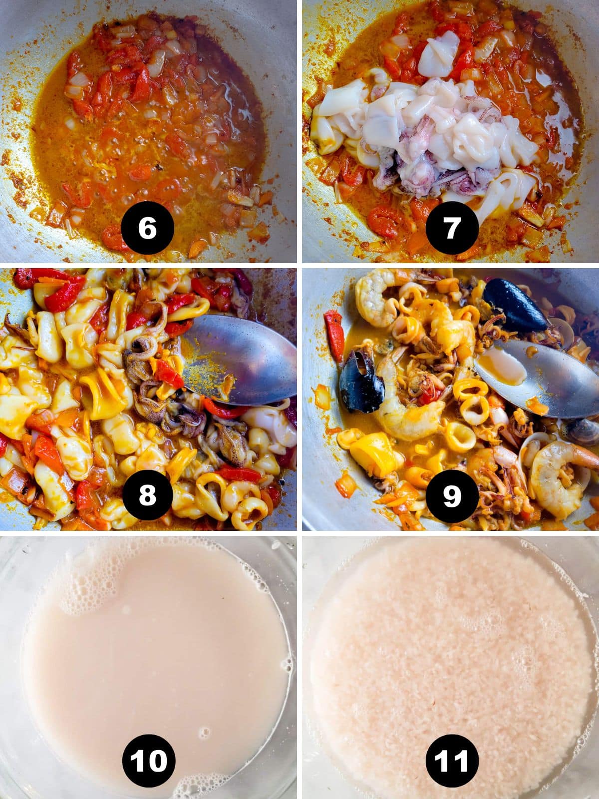 An image collage sauteing the seafood for the Puerto Rican Arroz con Mariscos.