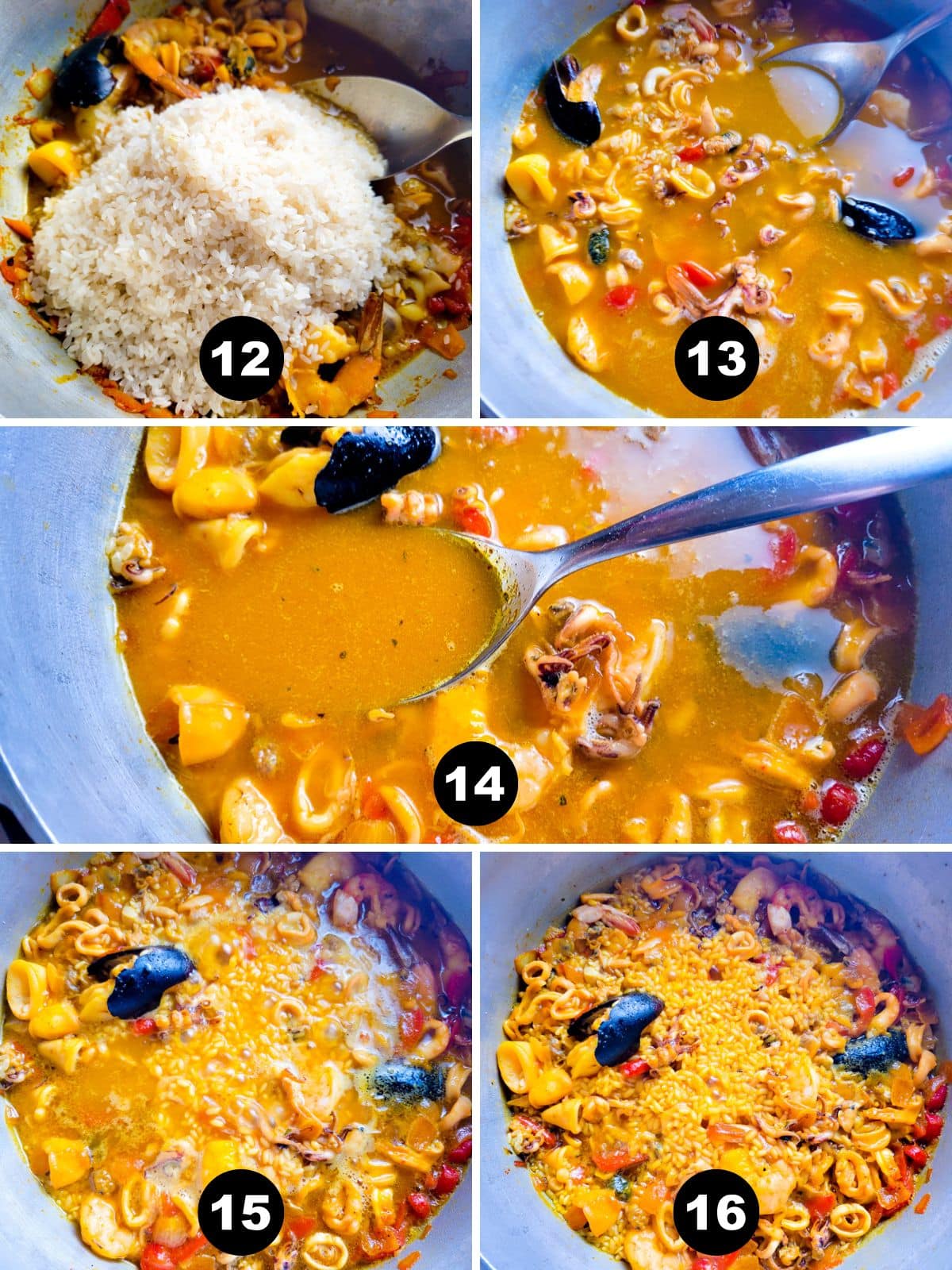 An image collage showing the added rice and cooking the rice for the Puerto Rican Seafood Rice.