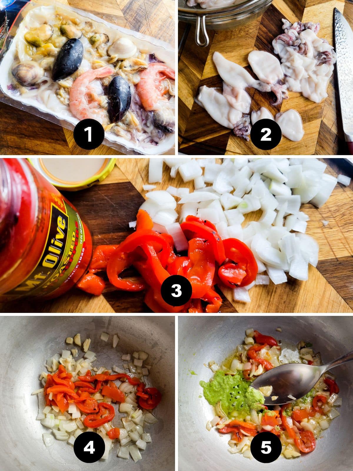 An image collage showing how to prep the seafood for the Puerto Rican Arroz con Mariscos.