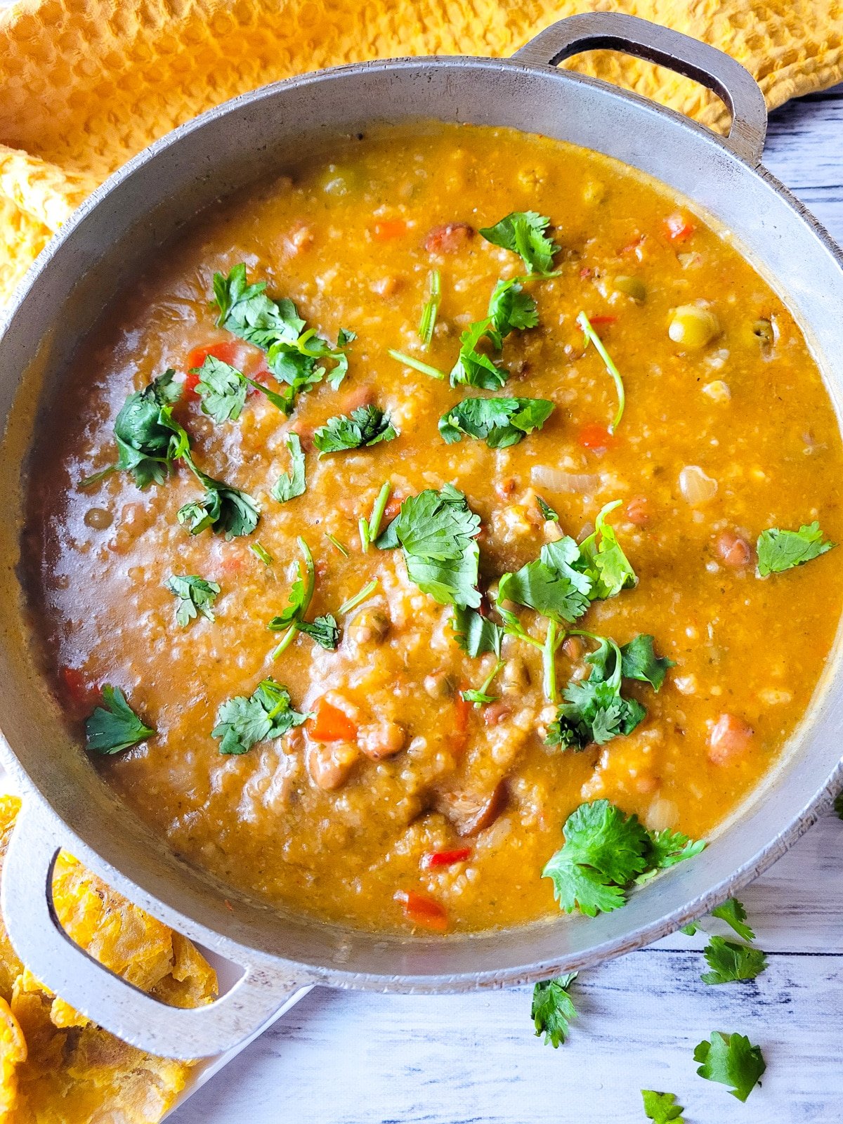 A full cooked pot of asopao de gandules topped with fresh chopped cilantro.