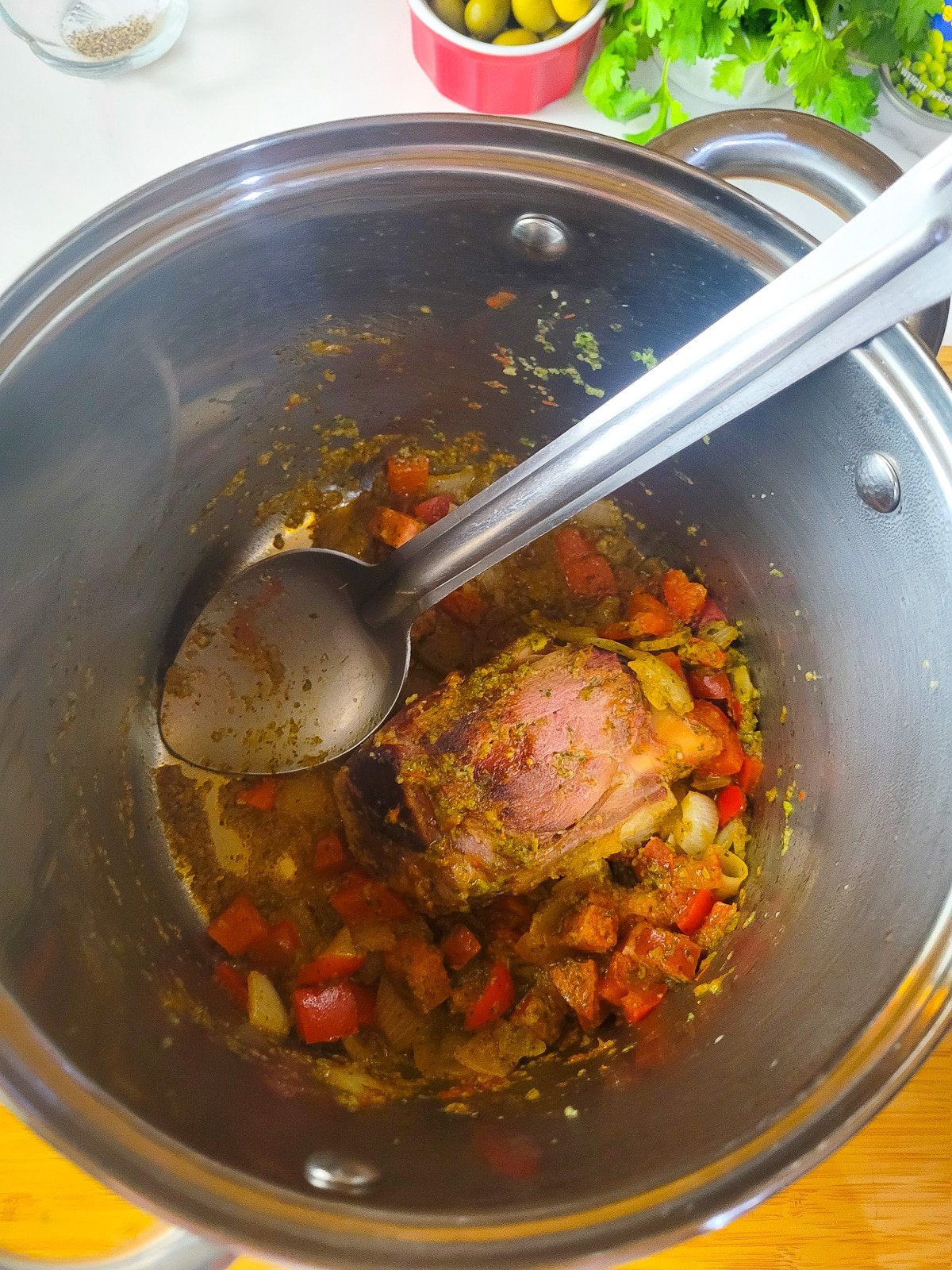 The base sauteing in the pot.