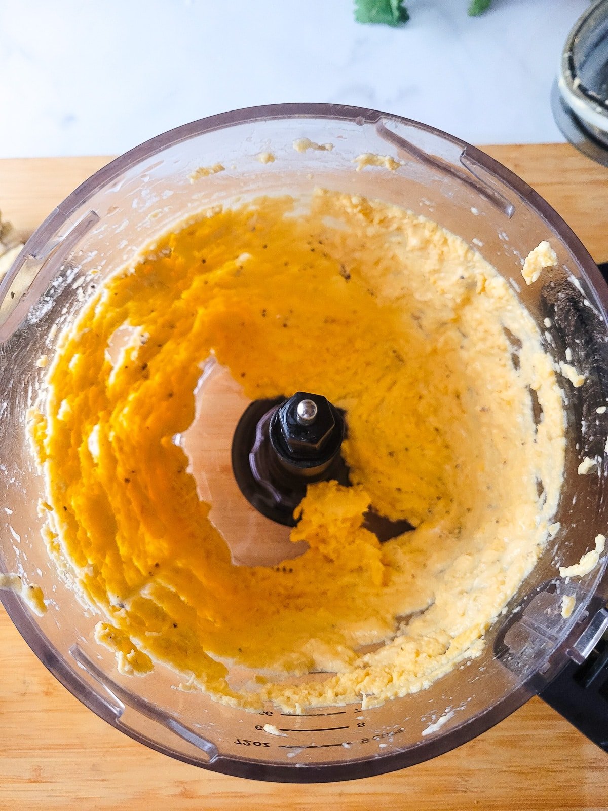 The plantain pureed in a food processor to make the bolitas de platanos (plantain dumplings).