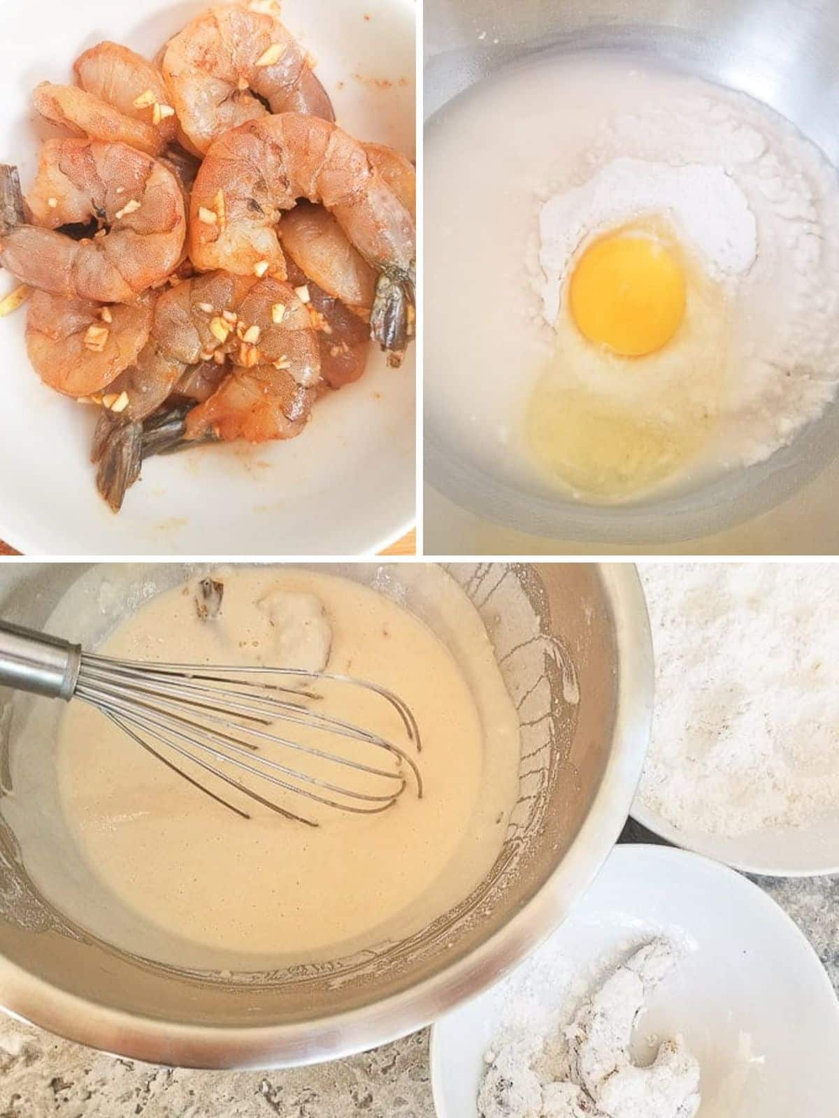 An image collage showing how to make camarones empanizados.