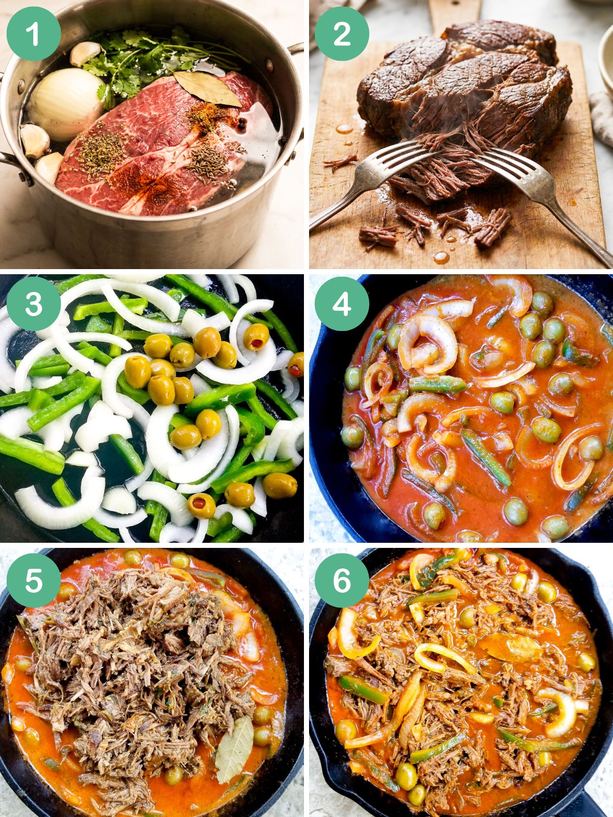 An image collage of recipes steps for the carne deshebrada.