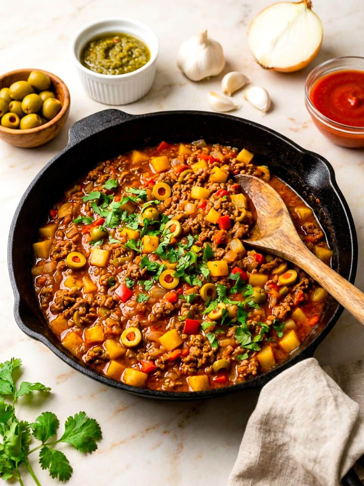 Carne Molida (Puerto Rican picadillo) cooked in a black cast iron skillet surrounded by ramekins of pimiento stuffed olives, sofrito and tomato sauce.