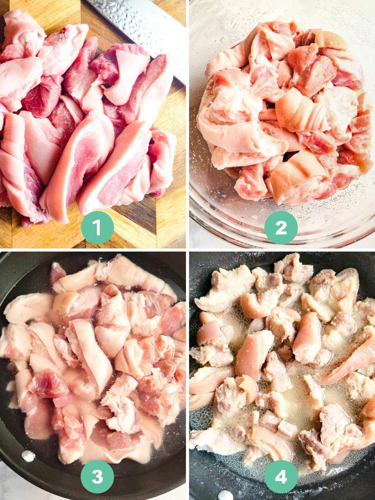 A collage image showing how to cook chicharrones.