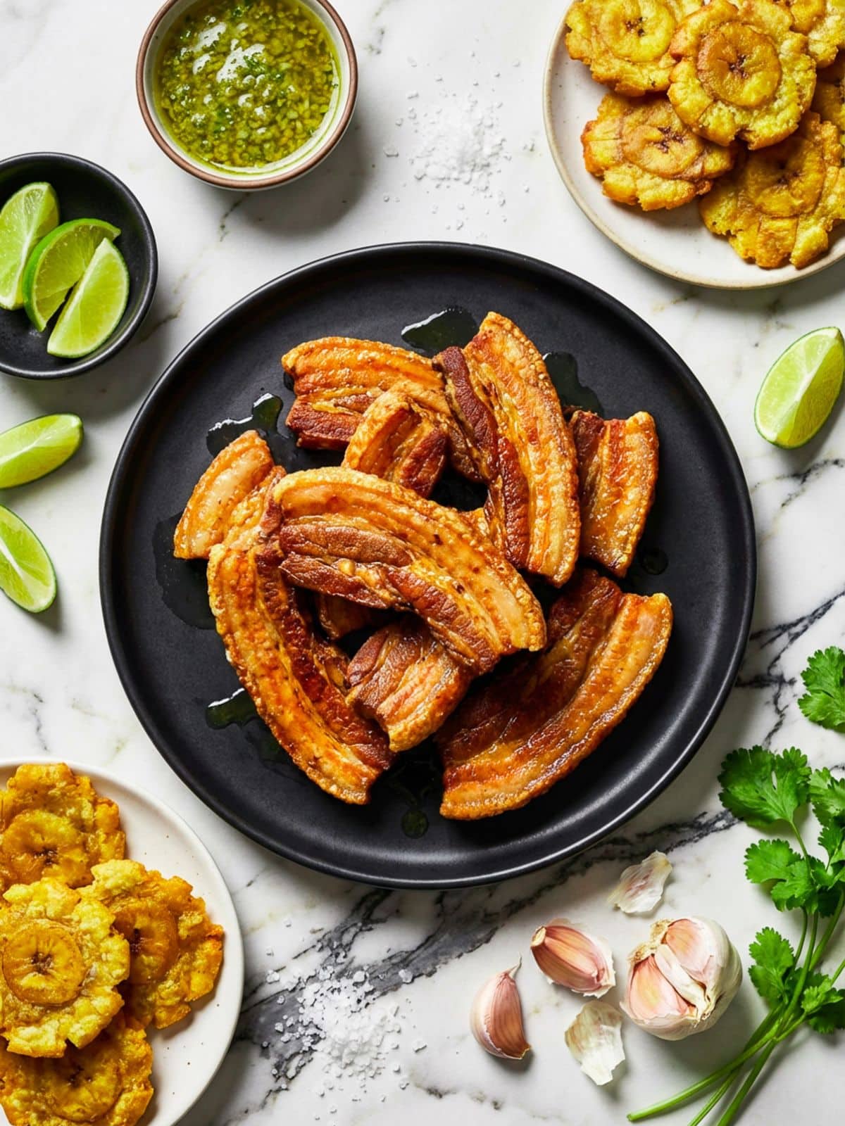 Chicharrones de cerdo served on a black plate, topped with lime wedges.