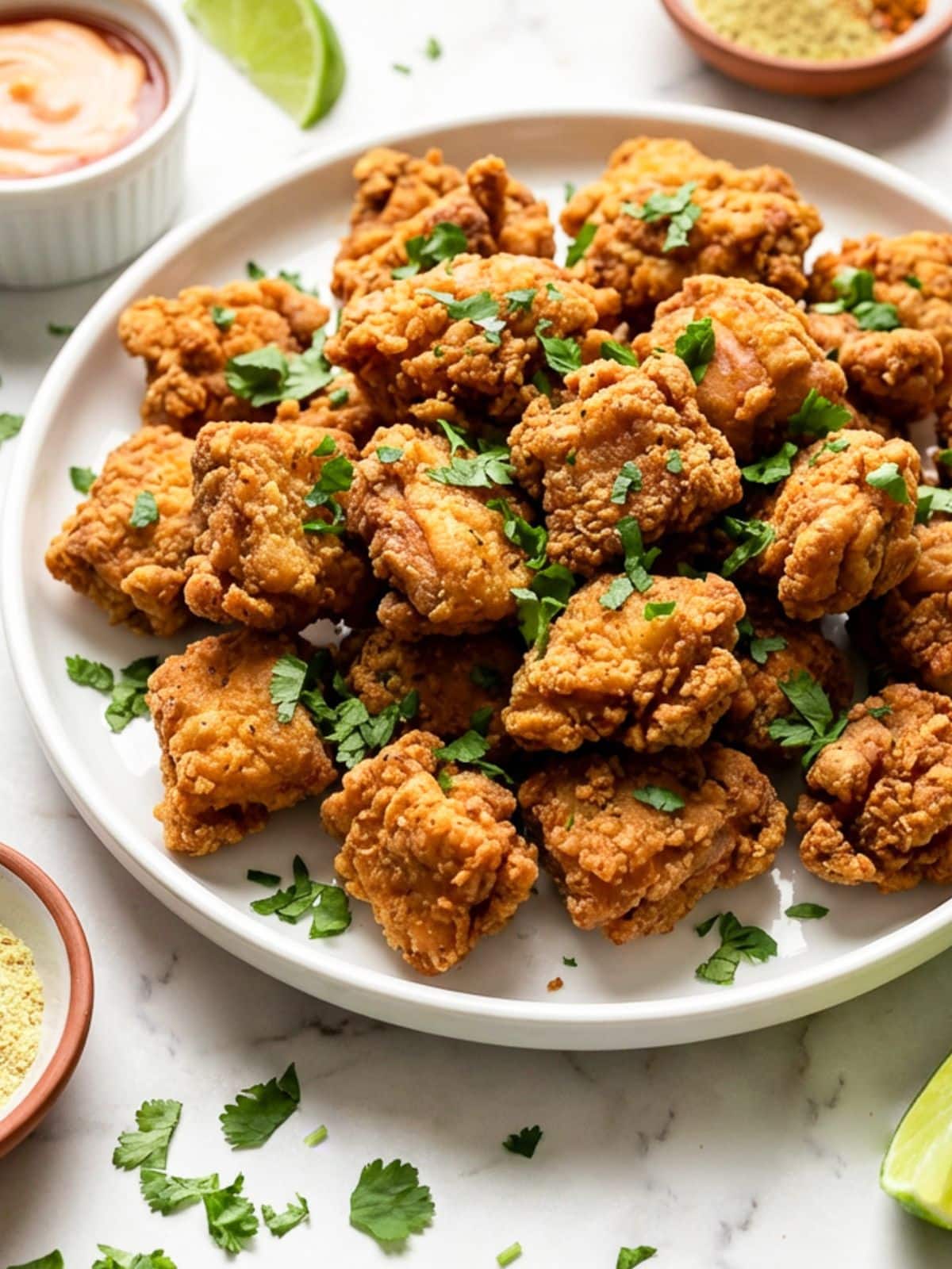 Puerto Rican chicharrones de pollo served on a white platter with lime wedges with a side of mayoketchup.