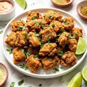 Puerto Rican chicharrones de pollo served on a white platter with lime wedges with a side of mayoketchup.