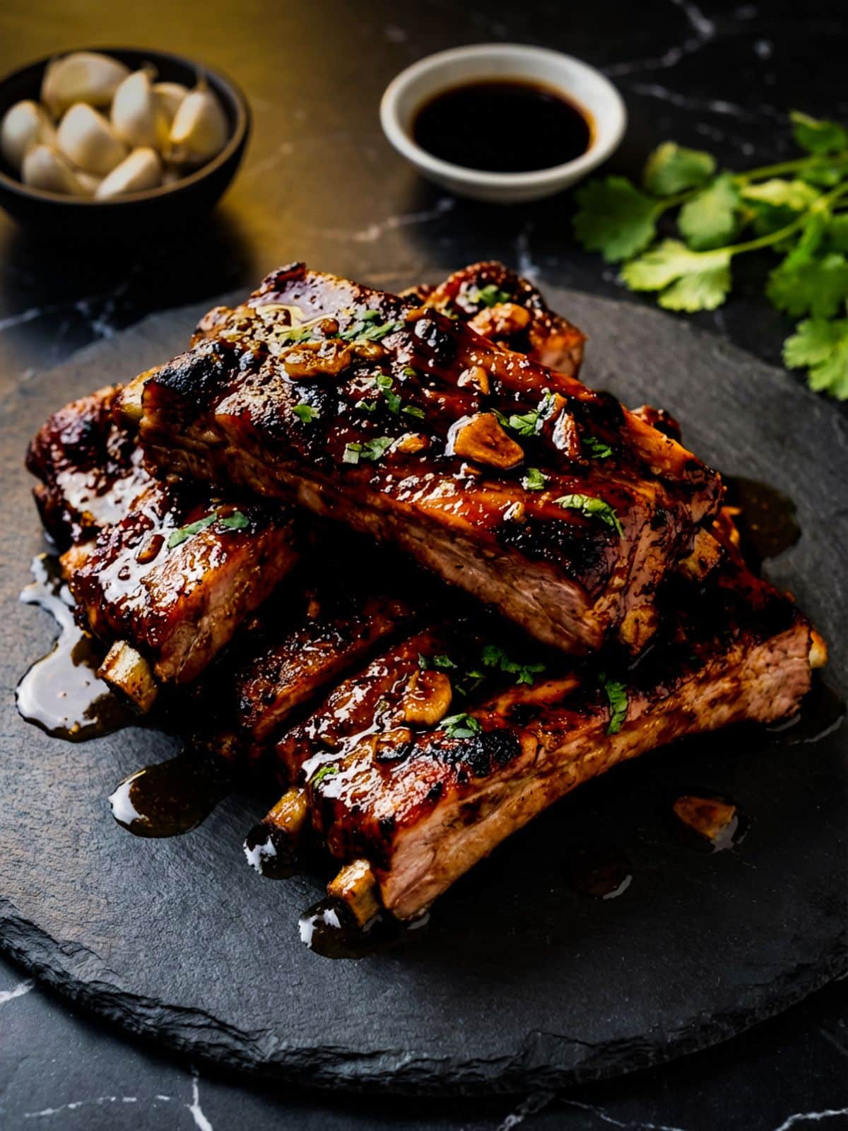 Costillas de Puerco served on a black slate and topped with chopped cilantro.