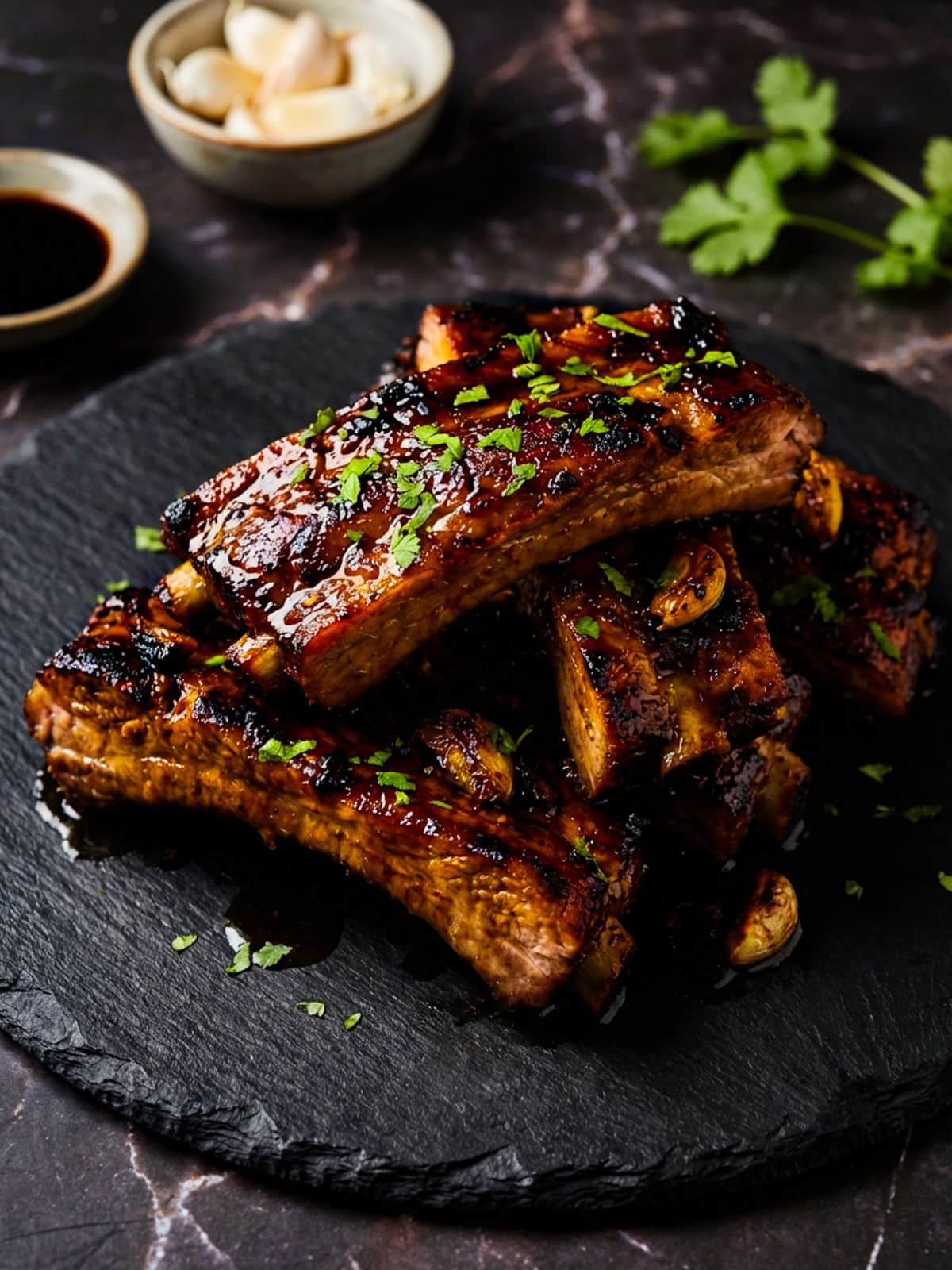 Costillas de Puerco served on a black slate and topped with chopped cilantro.