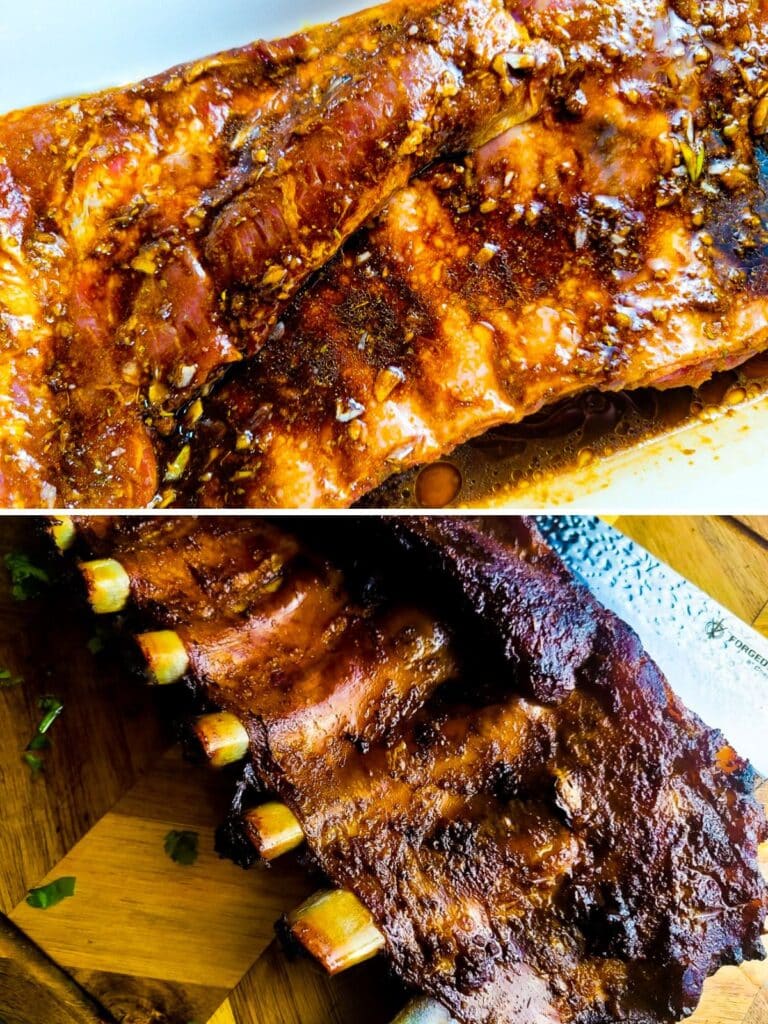 A collage of two images, one of costillas marinated in spices and wet marinade and second of cooked ribs on a wooden cutting board.