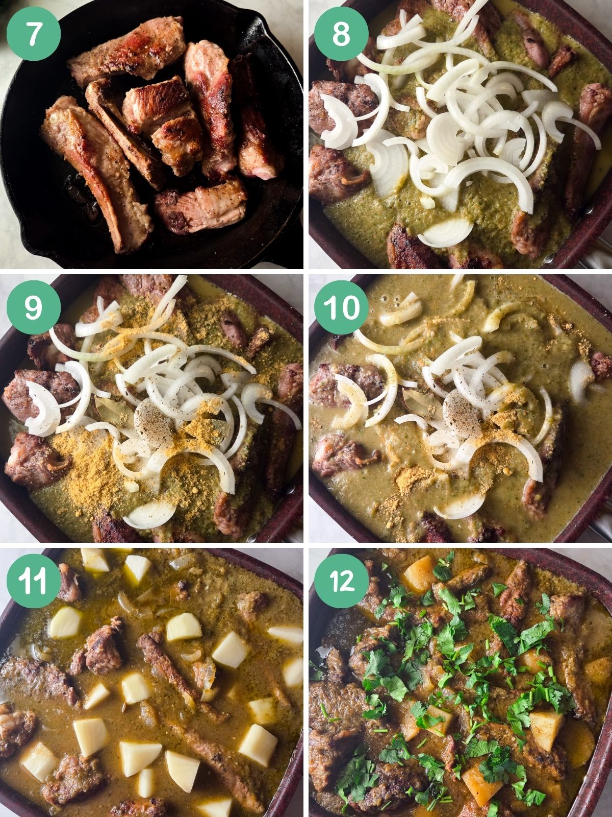 An image collage searing and cooking the ribs, adding the salsa verde (green sauce) and spices to the ribs.