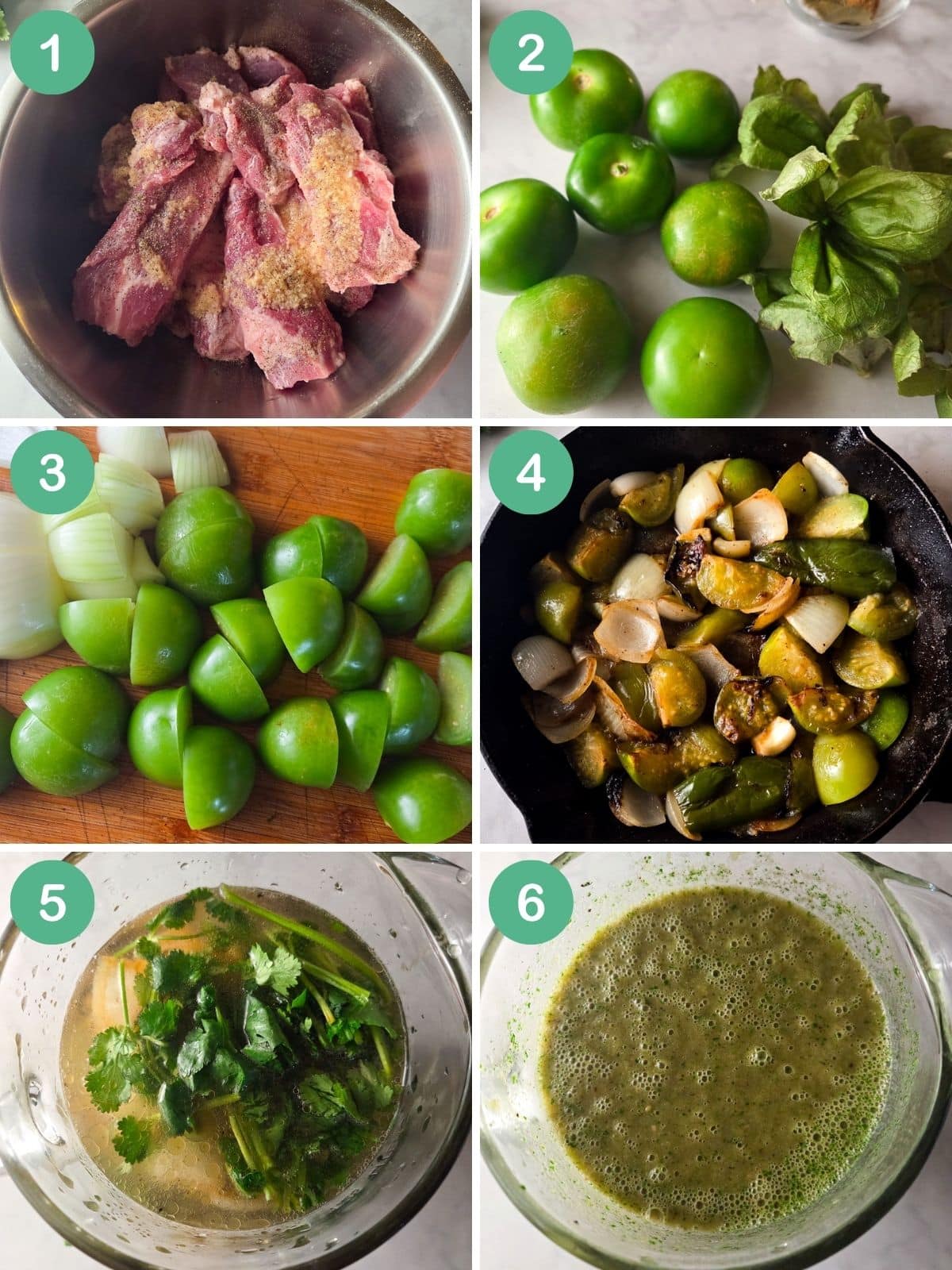 An image collage showing how to season the ribs and how to make the tomatillo salsa.