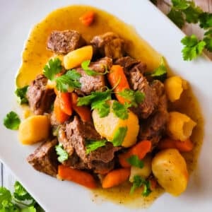Diezmillo (stew) cooked with carrots, onions, and potatoes served on a white platter.