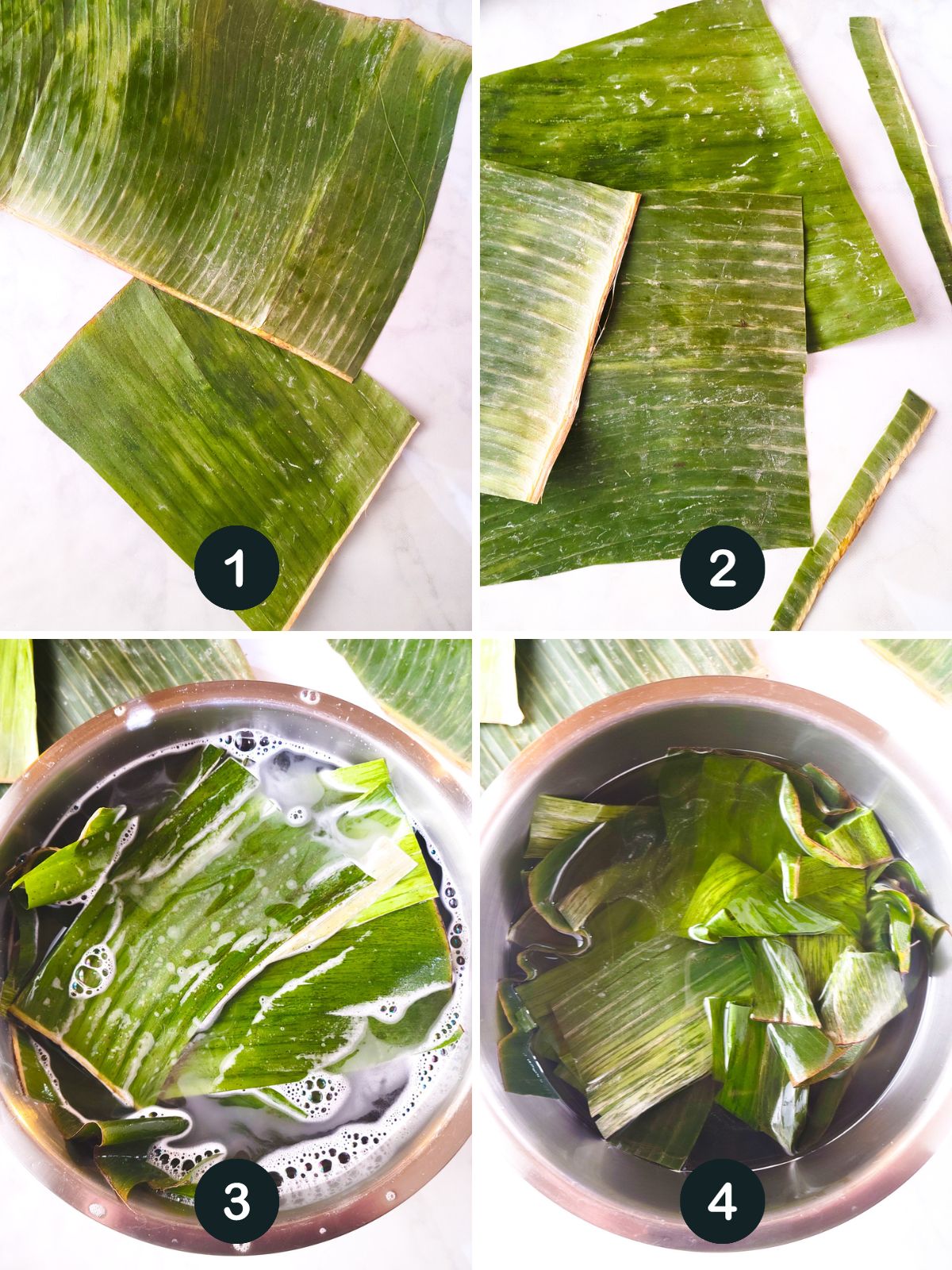 Image of the steps one through four preparing the banana leaves for the empanadas.