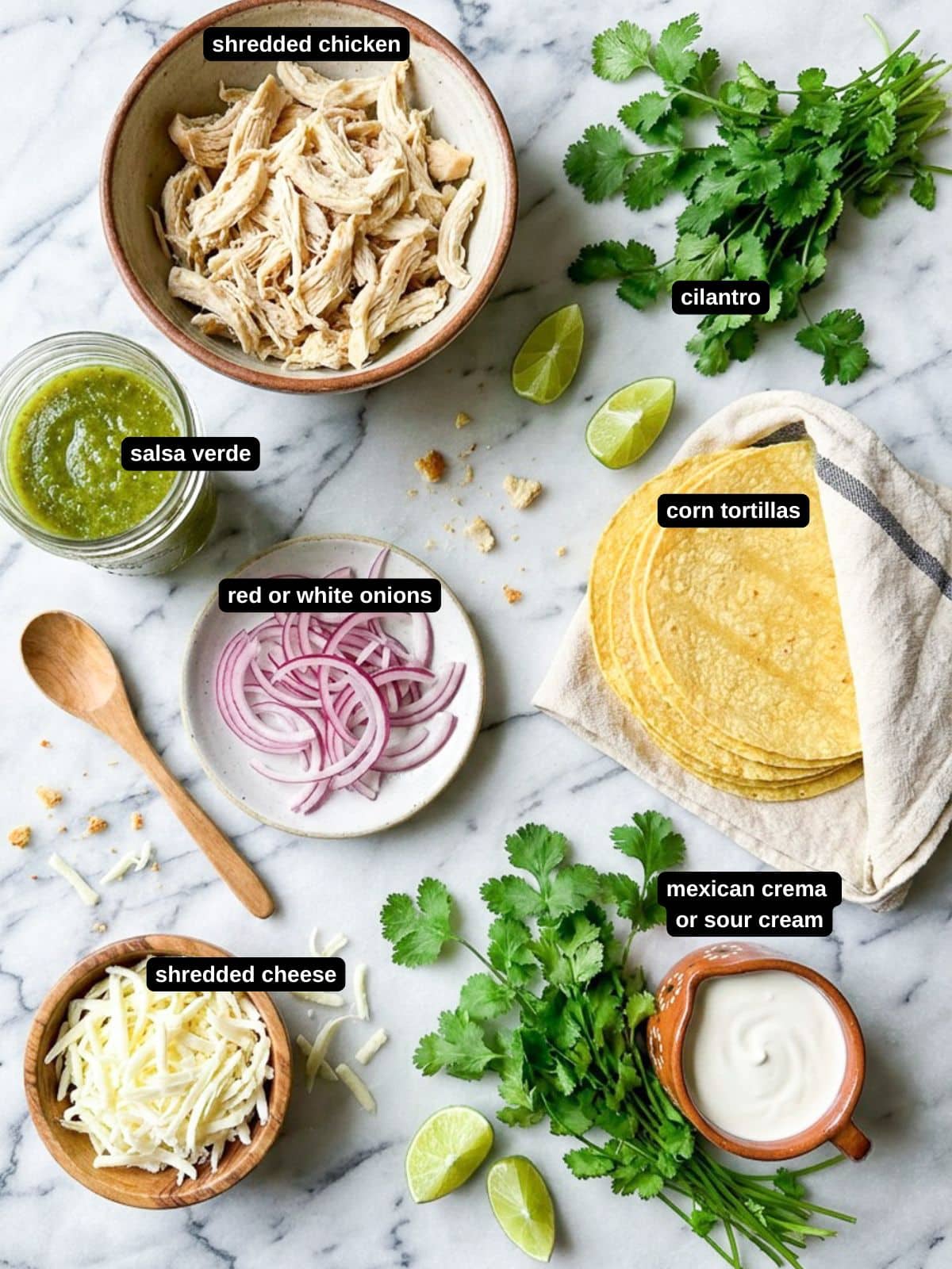 An image of all the ingredients needed to make chicken enchiladas suizas.