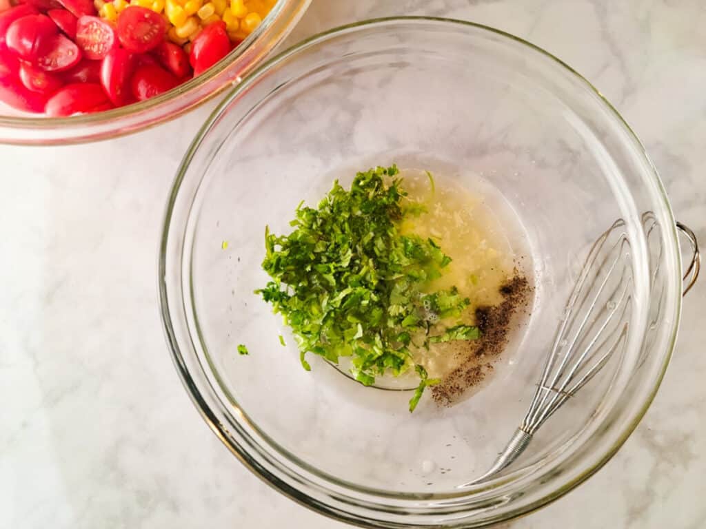 Garlic lime vinaigrette for the ensalada de garbanzos or chickpea garbanzo bean salad.