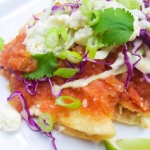 Entomatadas stuffed with queso fresco, topped with a savory tomato sauce, shredded red cabbage, sliced white onions and scallions. These entomatadas are served on a white plate with lime wedges.