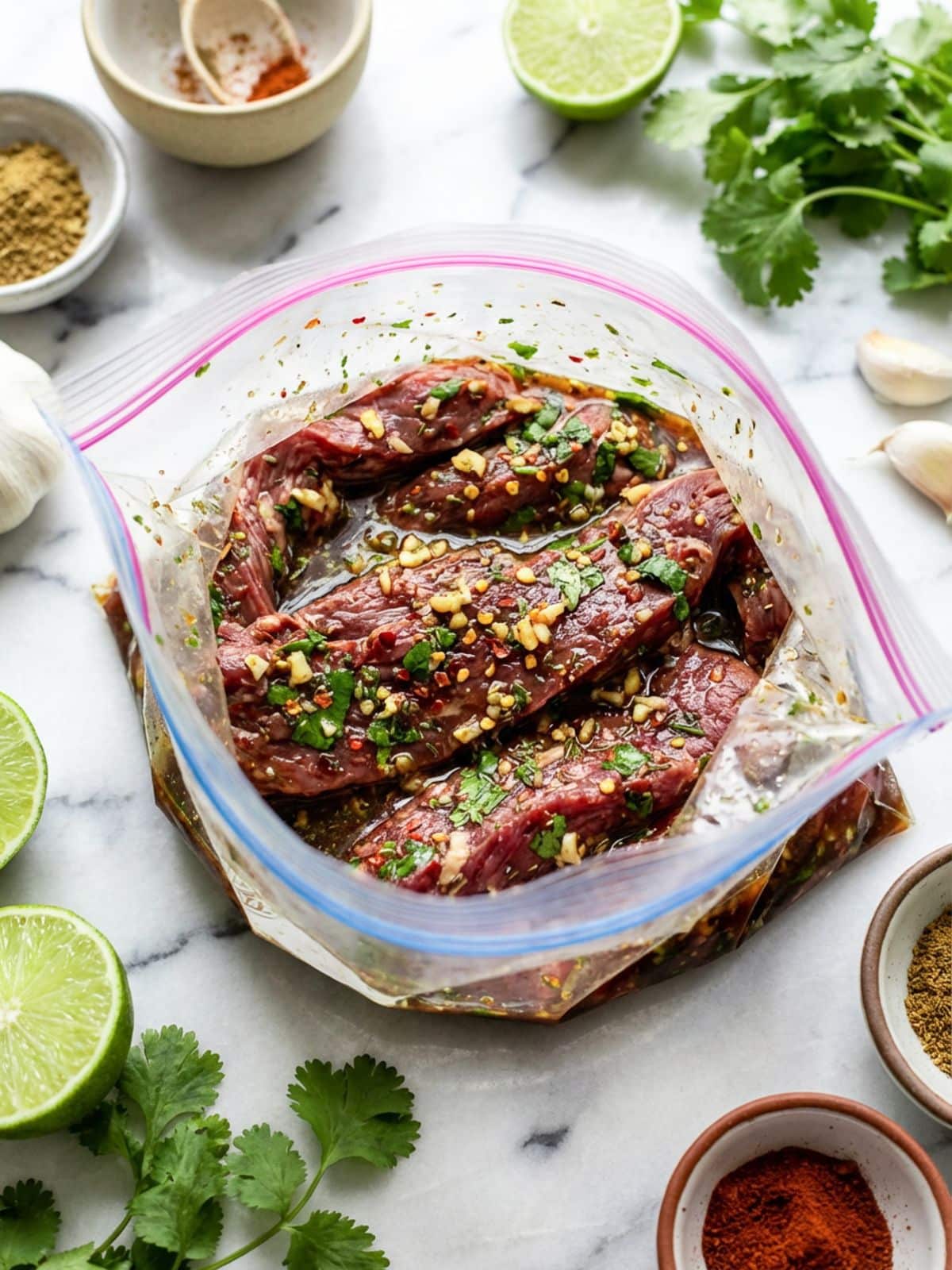 Steak soaking with fajita marinade in a ziploc bag.