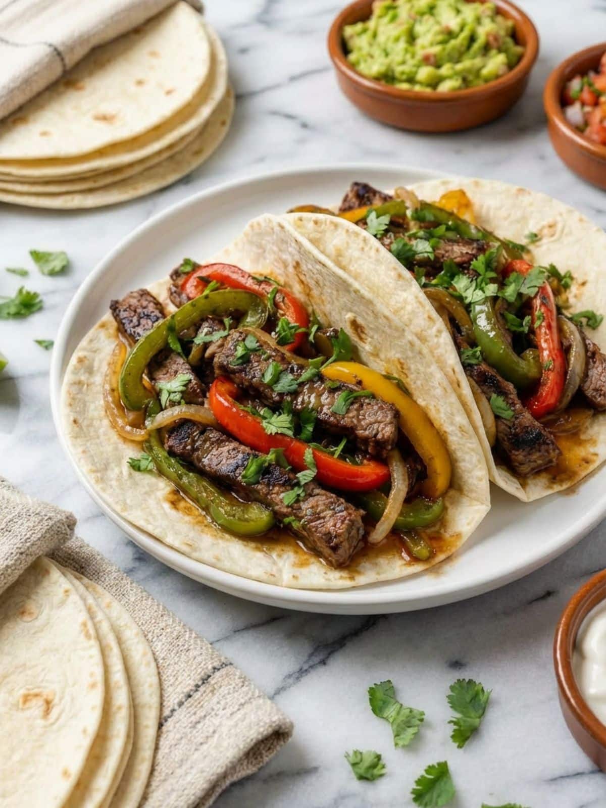 Fajitas de res served inside warm flour tortillas.