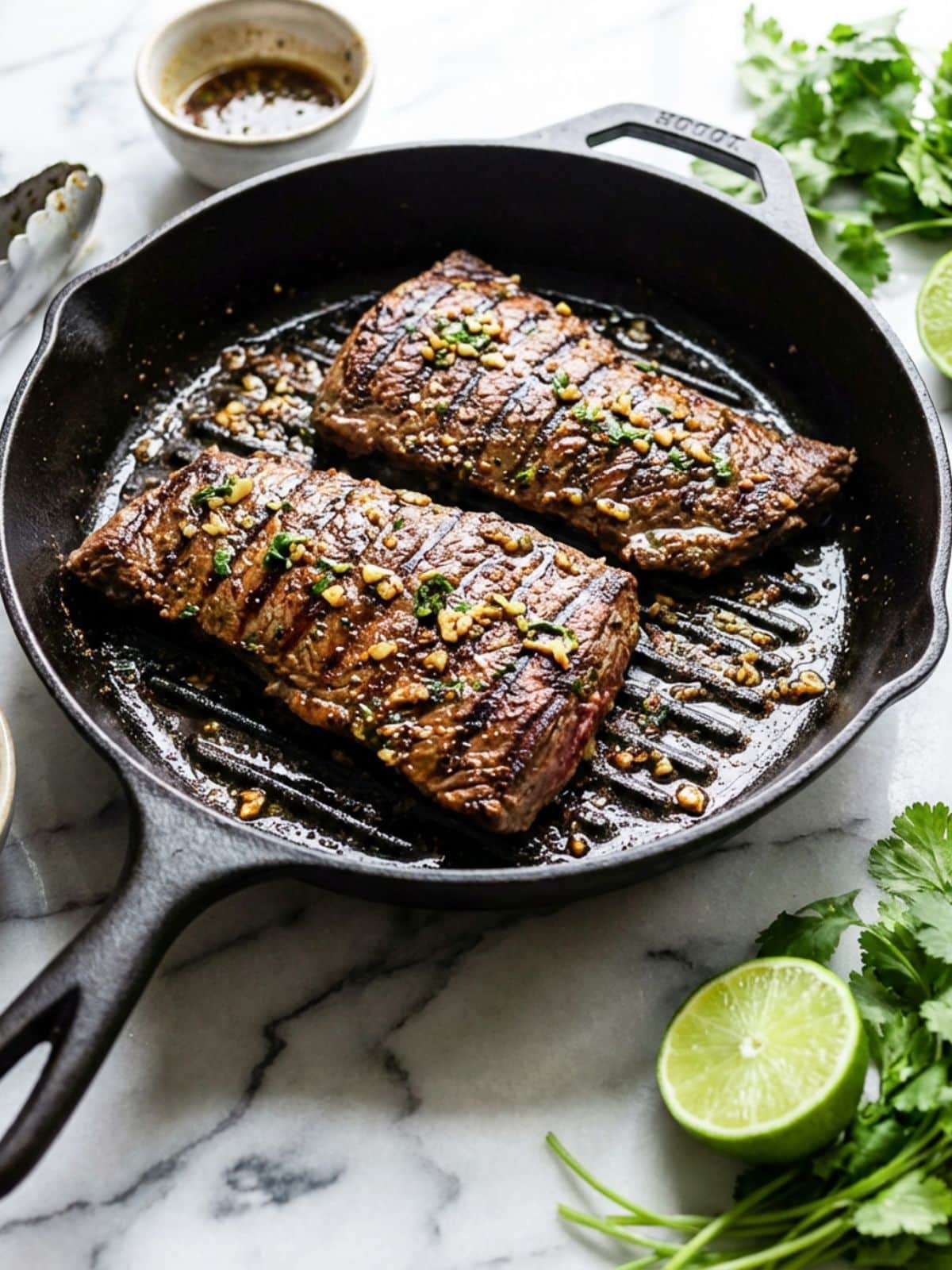 Steak cooking in a cast iron skillet.