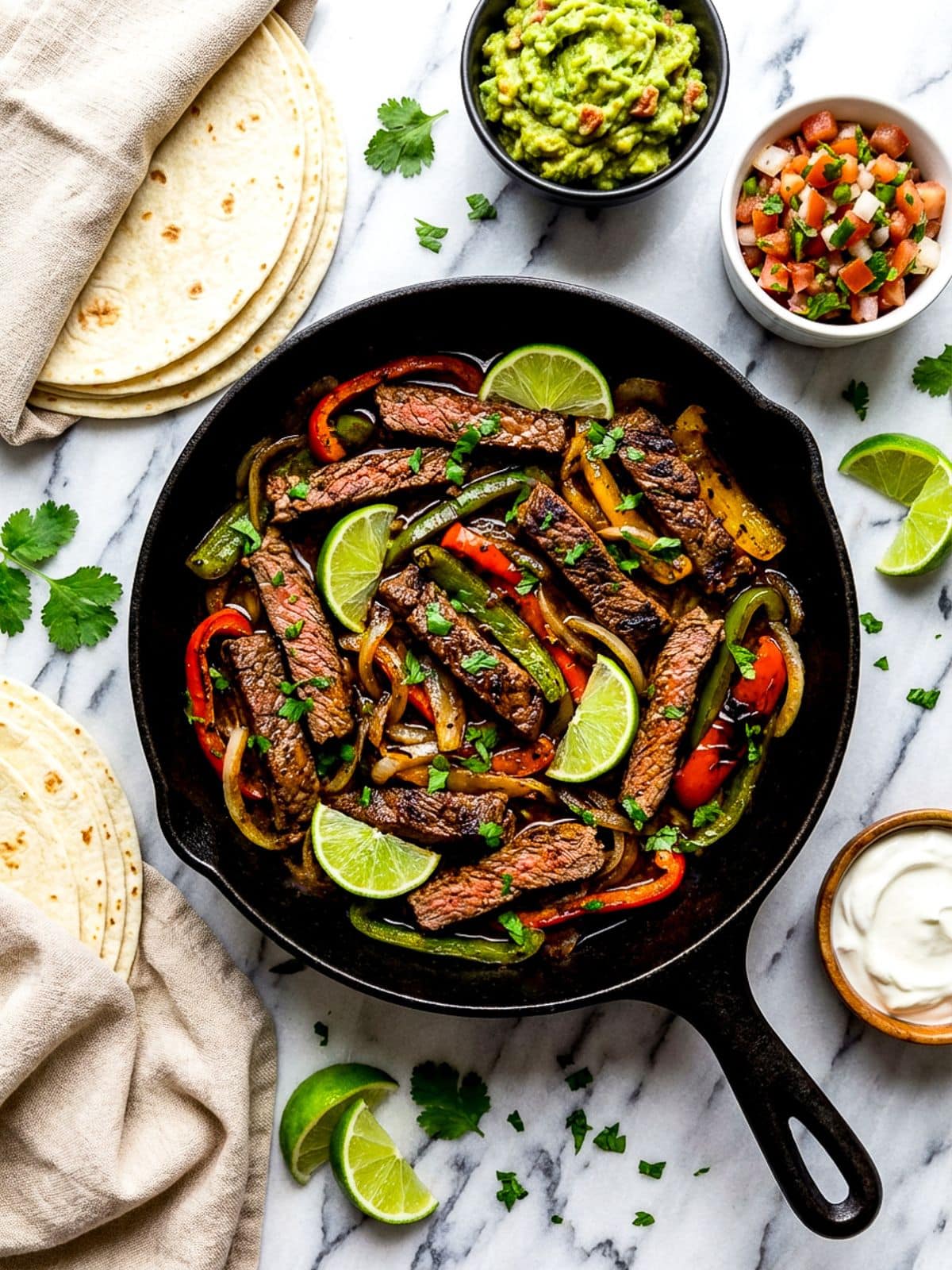 Fajitas de res cooked in a cast iron skillet surrounded by toppings and flour tortillas.