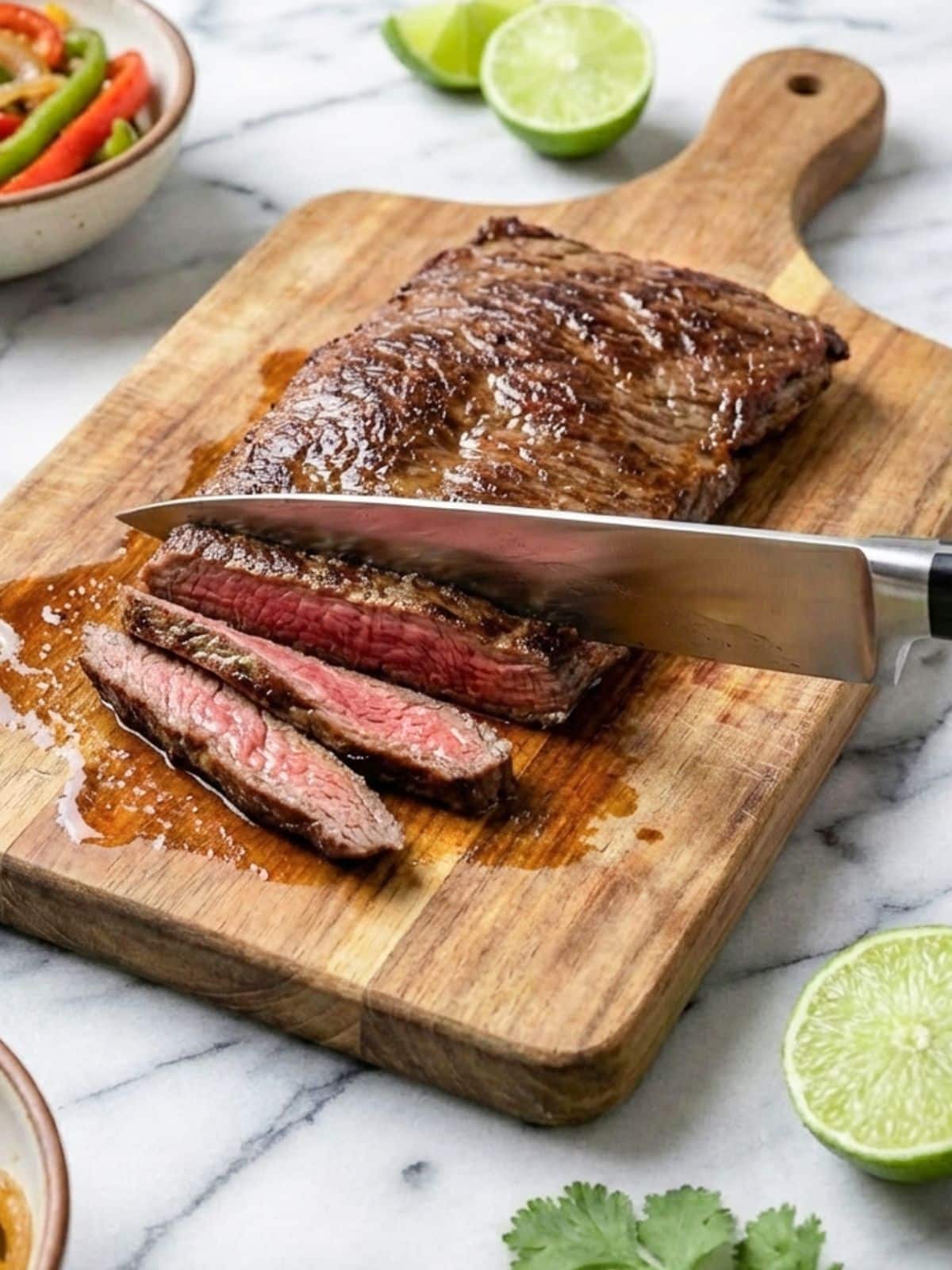 Slicing steak on a wooden cutting board for fajitas de res (beef fajitas).