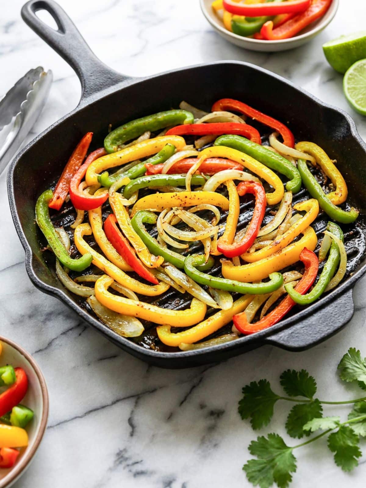 Peppers and onions cooking in a cast iron skillet.