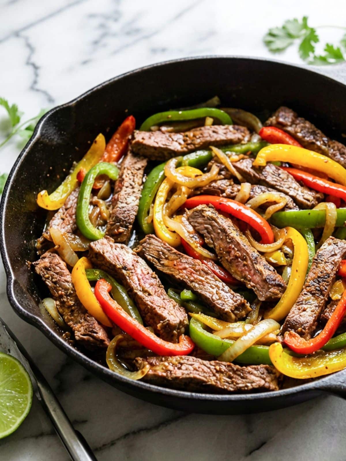 Peppers, onions and strips of steak, mixed together in a cast iron skillet for fajitas de res.