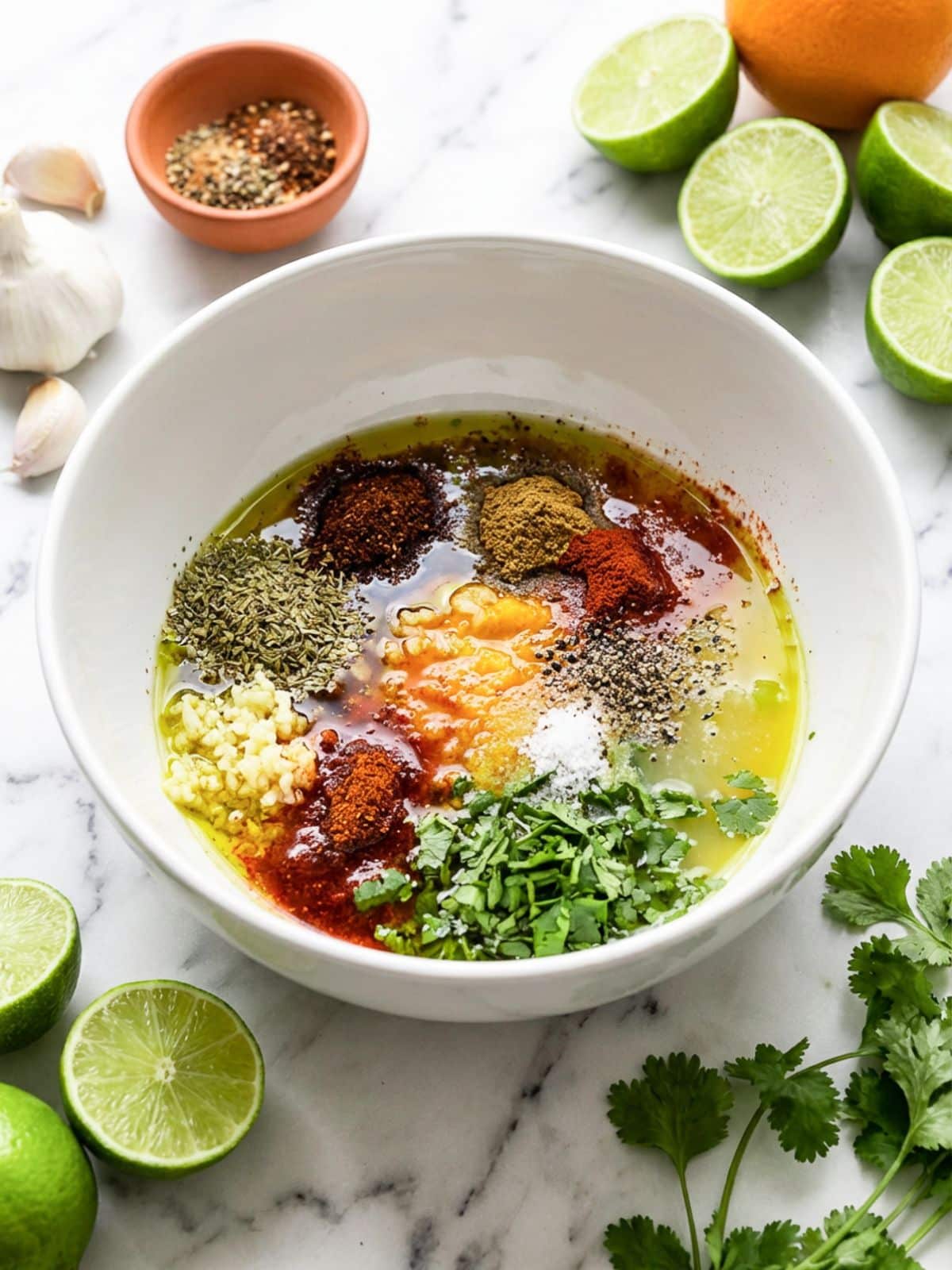 Marinade ingredients added to a white bowl.