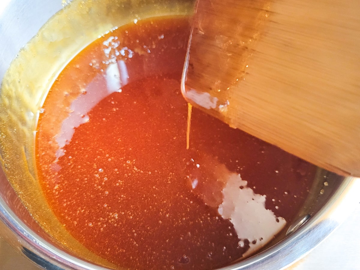 Sugar fully caramelized for the flan.
