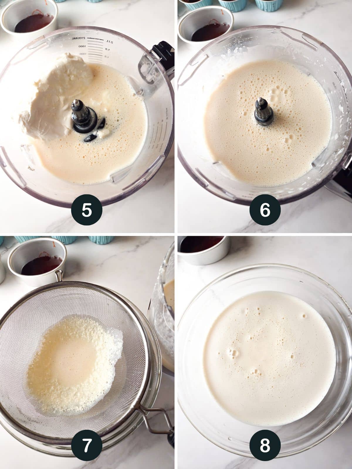 Blending the ingredients and straining the custard.