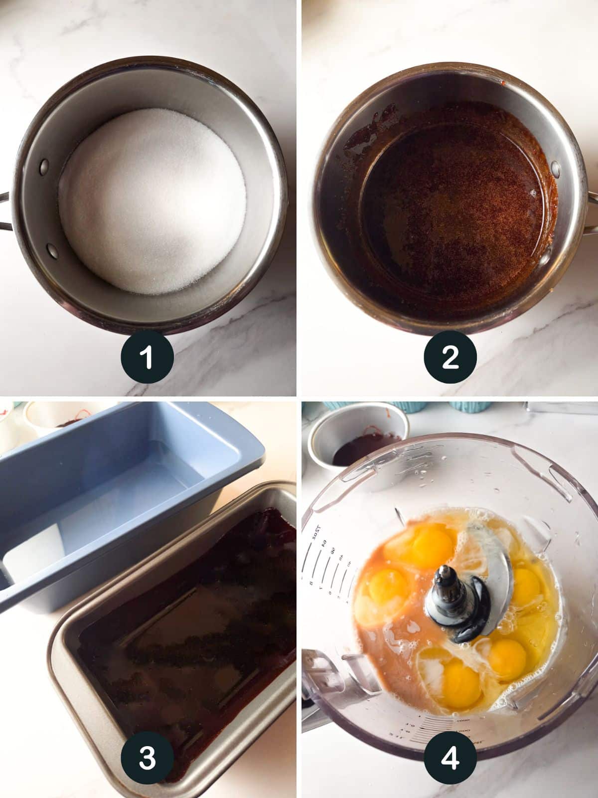 Making the caramel sauce, coating the mold with the caramel sauce and blending the flan ingredients.