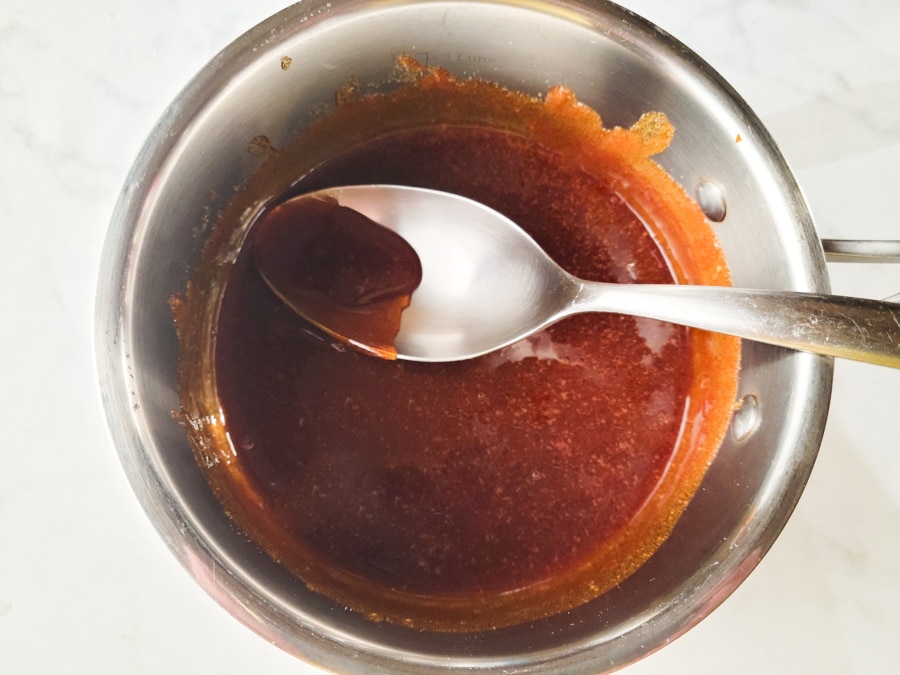 Sugar fully melted, caramel sauce is now ready for the flan custard.