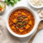 Habichuelas guisadas con calabaza served in a white bowl with a side of white rice and cilantro garnish.