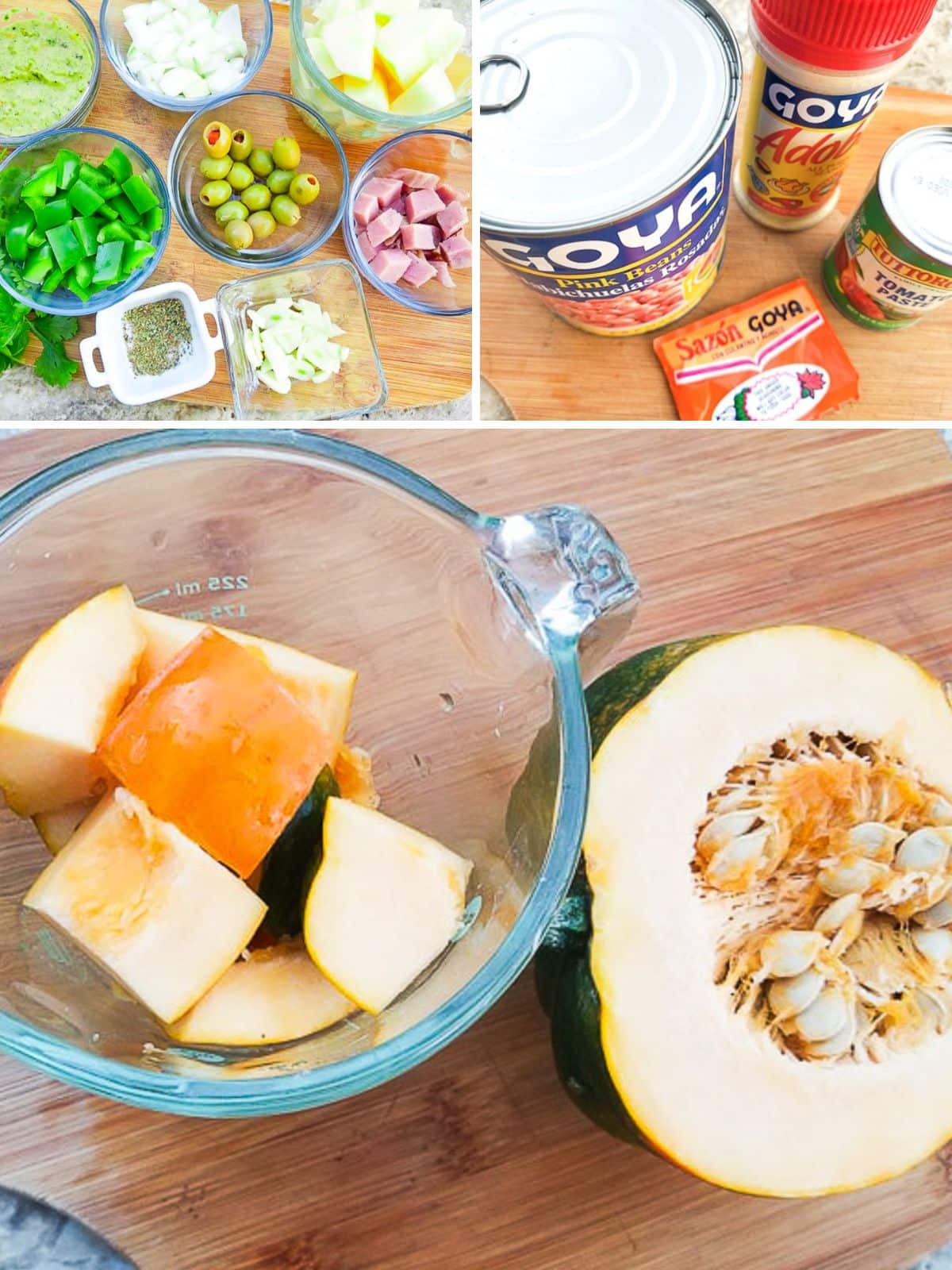 An image collage of all the ingredients needed to make habichuelas guisadas con calabaza.